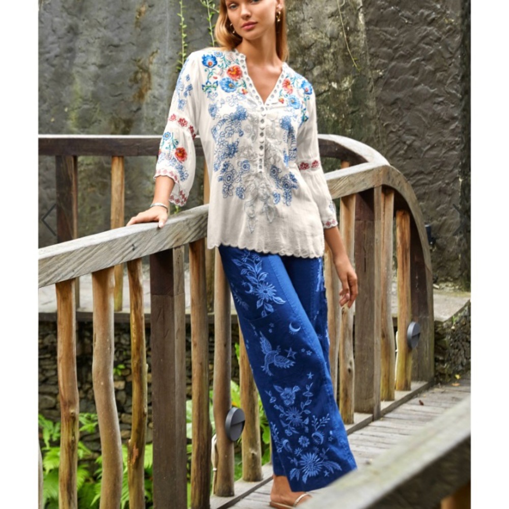 NEW Johnny Was Oleander Wide Leg Cropped Pants Tonal Embroidery Linen Blue S - Picture 2 of 15